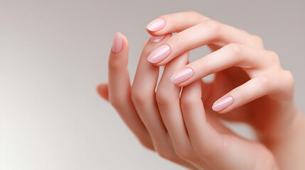 Close-up of a woman's hand with pastel pink oval nails. Pastel pink nails, Oval nail design, Soft manicure