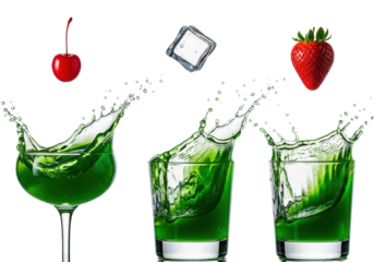three cocktail glasses with viscous emerald green liquid violently splashing upwards, frozen motion macro shot with floating cherry, ice, and strawberry on a white background. concept for beverage