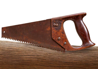 Rusty metal hand saw- Rusty metal hand saw on wood isolated on transparent or white background