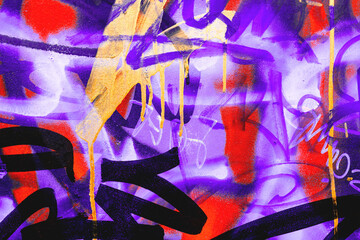 Abstract graffiti art with purple, red, black and yellow drips. Urban street style, vibrant colors, fluid forms, layered spray paint textures. Posters, digital art, creative banner, urban visuals.