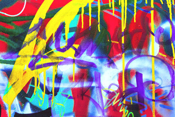 Abstract graffiti art in yellow, purple, red, blue. Urban 90s, Y2K style, fluorescent glow, paint drips. Posters, flyers, digital art, modern 90s, 2000s, Y2K creative banner, summer visuals.