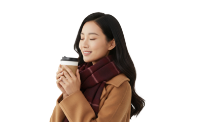 Asian Chinese woman enjoying hot coffee, wrapped in a cozy scarf and warm coat with eyes closed