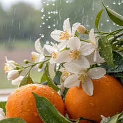 Jasmine flowers and oranges after rain shower, fresh brightness, beautiful background