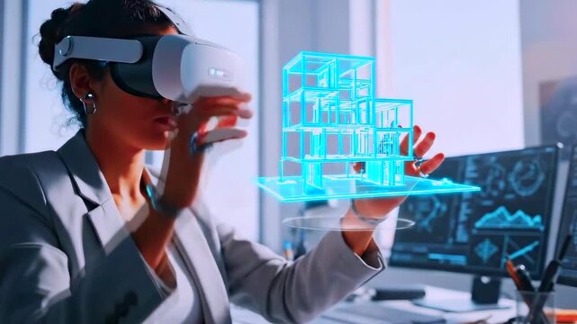 Architect utilizes holographic tools for advanced construction analysis and planning, Design professional explores three dimensional structures through holographic interfaces in digital environments