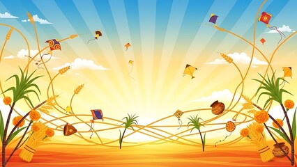 Kites flying high in the sky on a sunny day with plants and clouds,Happy Makar Sankranti Festival Background