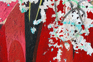 Abstract urban graffiti texture with red, white, pink. 90s grunge style, worn paint, street art vibes. Background, pattern, texture, creative banner, web design, flyer.