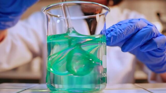 Chemist prepares green solution in beaker with pipette and stir rod, blue glove hands handle reagents, microscopes in background, controlled reaction for synthesis and measurement under sterile condit
