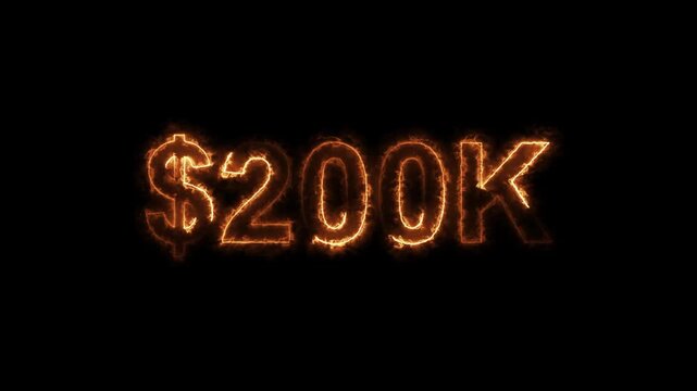 Neon line bright 200k followers isolated orange color animation on black background. Vibrant neon shiny 200k text orange  color animation digits for high-resolution. 