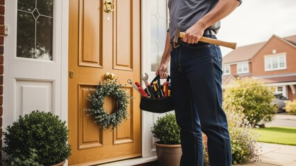 Diligent maintenance worker stands at residential front door with tools and work bag, exemplifying professional home improvement service