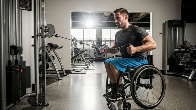 Determined man in a sports wheelchair powerfully exercises on a modern cable resistance machine in a state-of-the-art gym, demonstrating strength and resilience