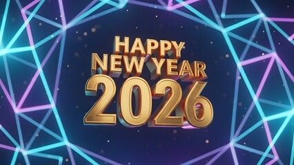 Happy New Year 2026 celebration with shiny gold text and neon lights