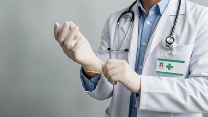 Doctor meticulously dons sterile medical gloves, preparing for patient interaction in a professional and hygienic healthcare setting