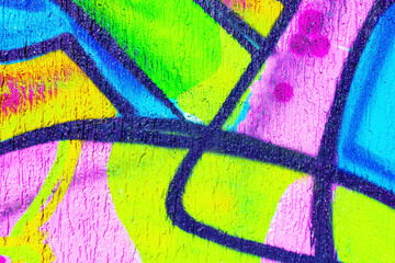 Abstract geometric graffiti shapes in neon blue, pink, yellow with black outlines. 90s, Y2K style, fluorescent colors, street art vibe. Background, texture, pattern, digital art, creative banner.