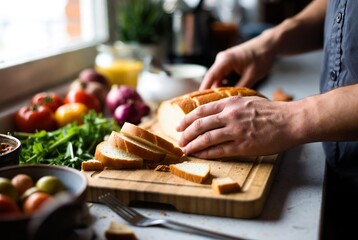 Man's hands slicing a fresh loaf of bread on a board