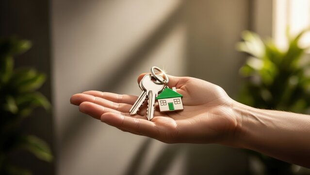 Hand gently cradles metallic house keys and charming miniature home, symbolizing residential dreams and smart financial investment