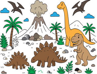 Seamless tropical vector illustration of a summer beach landscape featuring palm trees, coconut leaves, and a giraffe silhouette under a cartoon sun on a desert island