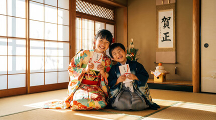 お正月にお年玉をもらい喜ぶ晴着を着た姉弟