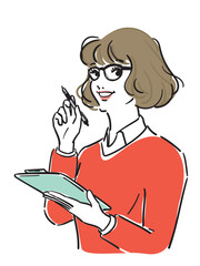 ウエーブヘアでメガネ赤いセーターの女性