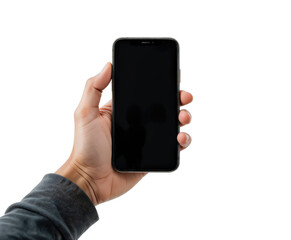 Hand Holding Smartphone With Black Screen Against Transparent Background.