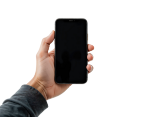 Hand Holding Smartphone With Black Screen Against Transparent Background.