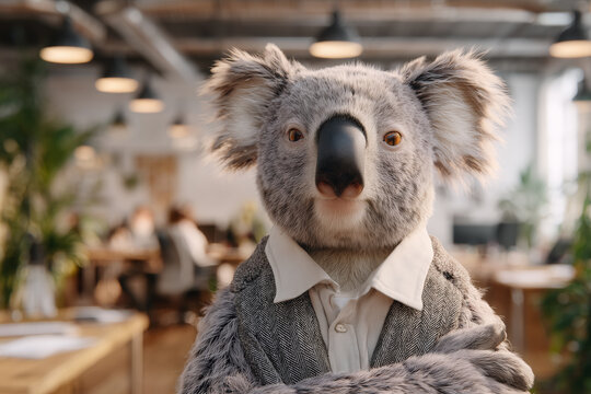Koala in business attire standing in modern office space with coworkers - Powered by Adobe