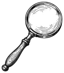 a black and white drawing of a magnifying glass, black, drawing, engraving, handle, illustration, magnifying glass, sketch, against transparent background
