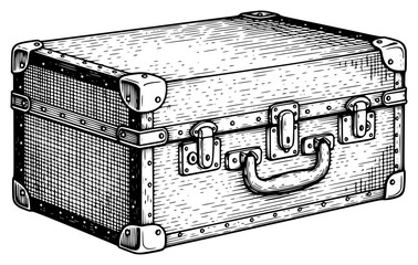 a black and white drawing of an old trunk or suitcase, black, chest, drawing, illustration, luggage, old, picture, suitcase, trunk, against transparent background © Alloca Design Studio