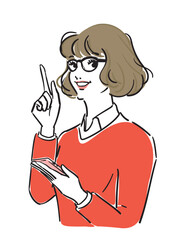 ウエーブヘアでメガネ赤いセーターの女性