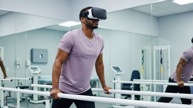 Rehabilitation patient wearing a virtual reality headset gripping parallel bars in a therapy room with a mirrored wall showcasing wellness