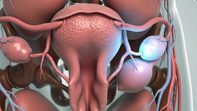 Anatomy of the Uterus and Ovary: A detailed depiction of the female reproductive system showcasing the intricate structures and functions of the uterus, ovaries, and associated elements.