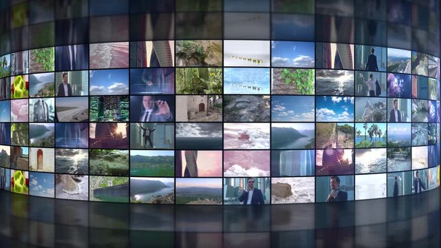 Multiple video screens displaying various digital content technology