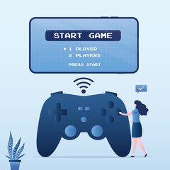 Start new game. User press button on controller or joystick for console. Female character starting to play a video game. Cyber gaming, © naum