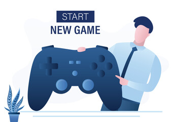Start new game. User holding controller or joystick for console. male character offers to play a video game. Cyber gaming, esport