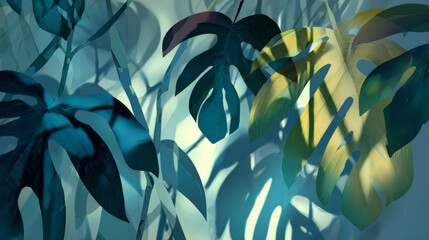 Abstract illustration of shadows and silhouettes of overlapping tropical plant leaves with textured surfaces and vibrant green hues