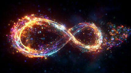 Abstract infinity symbol composed of luminous light and energetic particles floating in dark space, representing endless loop and cosmic energy