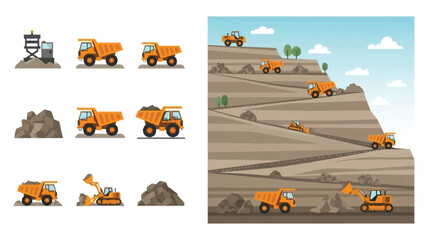 Heavy machinery at work dump trucks and excavators in a quarry landscape © MD BAPPY