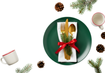 overhead flat lay of a luxurious holiday place setting: dark green ceramic plate, gold-plated cutlery tied with a red silk ribbon, fir sprig garnish on a transparent studio background with copy space.