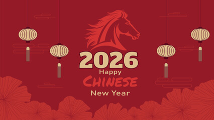 Red background for Chinese New Year 2026 with a horse and flowers. Design dedicated to the Lunar New Year 2026, the Year of the Horse. Celebrating the Year of the Horse. Vector illustration.
