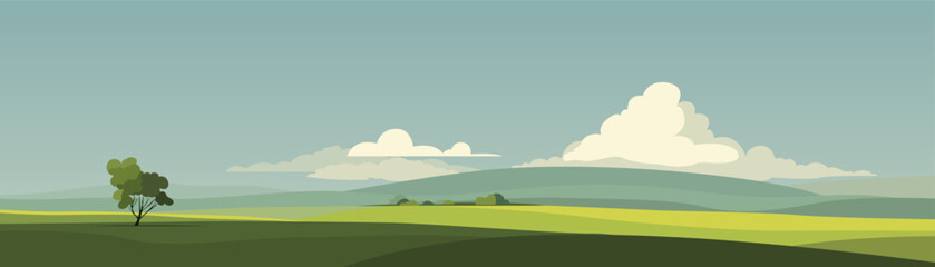 Beautiful panoramic landscape of green meadows and hills illuminated by the sun's rays. Green fields with stunning mountains and amazing clouds. Vector illustration of a natural landscape.