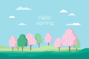 Spring landscape poster or banner. Hello, spring! Vector illustration of nature, landscape, blooming sakura or cherry blossoms, meadow with spring flowers. Vector landscape illustration.