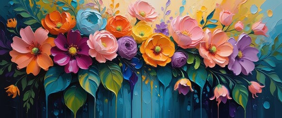 Colorful, textured floral impasto painting. Bold hues, thick strokes, layered paint on canvas with teal background. Golden light, dynamic, dreamy. Wallart, banner.