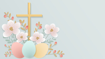 Easter background with a Christian cross, flowers, and eggs for a festive design. A religious symbol of faith. Card depicting Palm Sunday, Easter, and the Resurrection of Christ. Vector illustration.