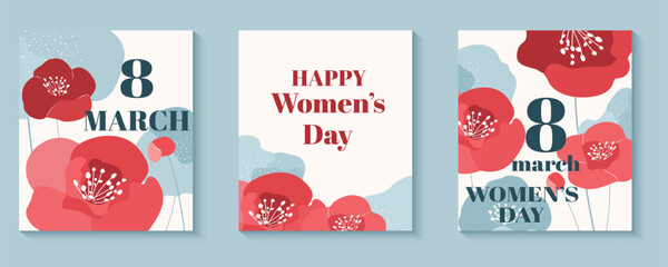 Women's Day card. A set of floral posters and cards for March 8th. Floral-themed cards for Women's Day. Vector illustrations and background templates for Women's Day with floral designs.