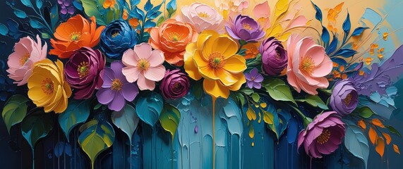 Colorful, textured floral impasto painting. Bold hues, thick strokes, layered paint on canvas with teal background. Golden light, dynamic, dreamy. Wallart, banner.