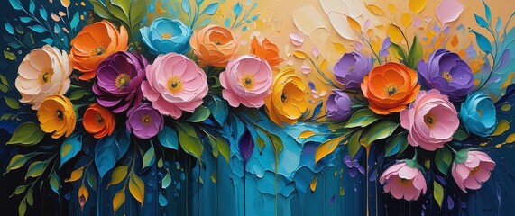 Colorful, textured floral impasto painting. Bold hues, thick strokes, layered paint on canvas with teal background. Golden light, dynamic, dreamy. Wallart, banner.