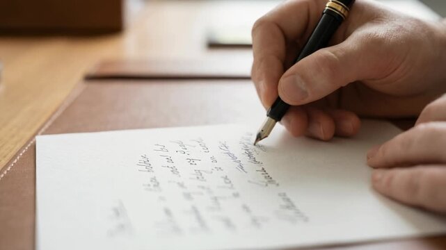 Elegant hand writing a letter with a fountain pen on a wooden desk