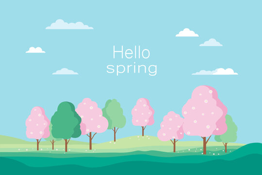Spring landscape poster or banner. Hello, spring! Vector illustration of nature, landscape, blooming sakura or cherry blossoms, meadow with spring flowers. Vector landscape illustration.