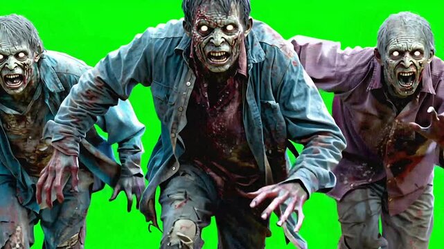 Three aggressive male zombies running and chasing towards the camera on a green screen, undead monsters with glowing eyes for horror cinematography and visual effects