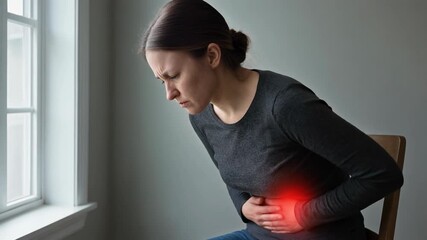 Woman Experiencing Stomach Pain at Home, Emotional Health and Wellness Concept