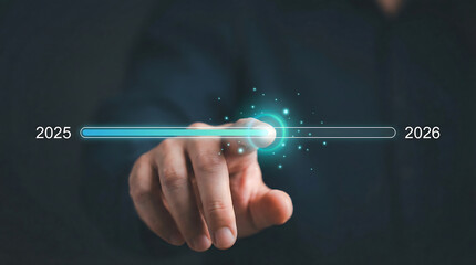 Futuristic Progress Bar Concept Transitioning from 2025 to 2026 with Glowing Light Interface